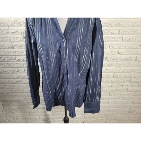 Ana Womens Top 3X Plus Long Sleeve Button Up Blue Silver Metallic STR107E - Picture 3 of 11